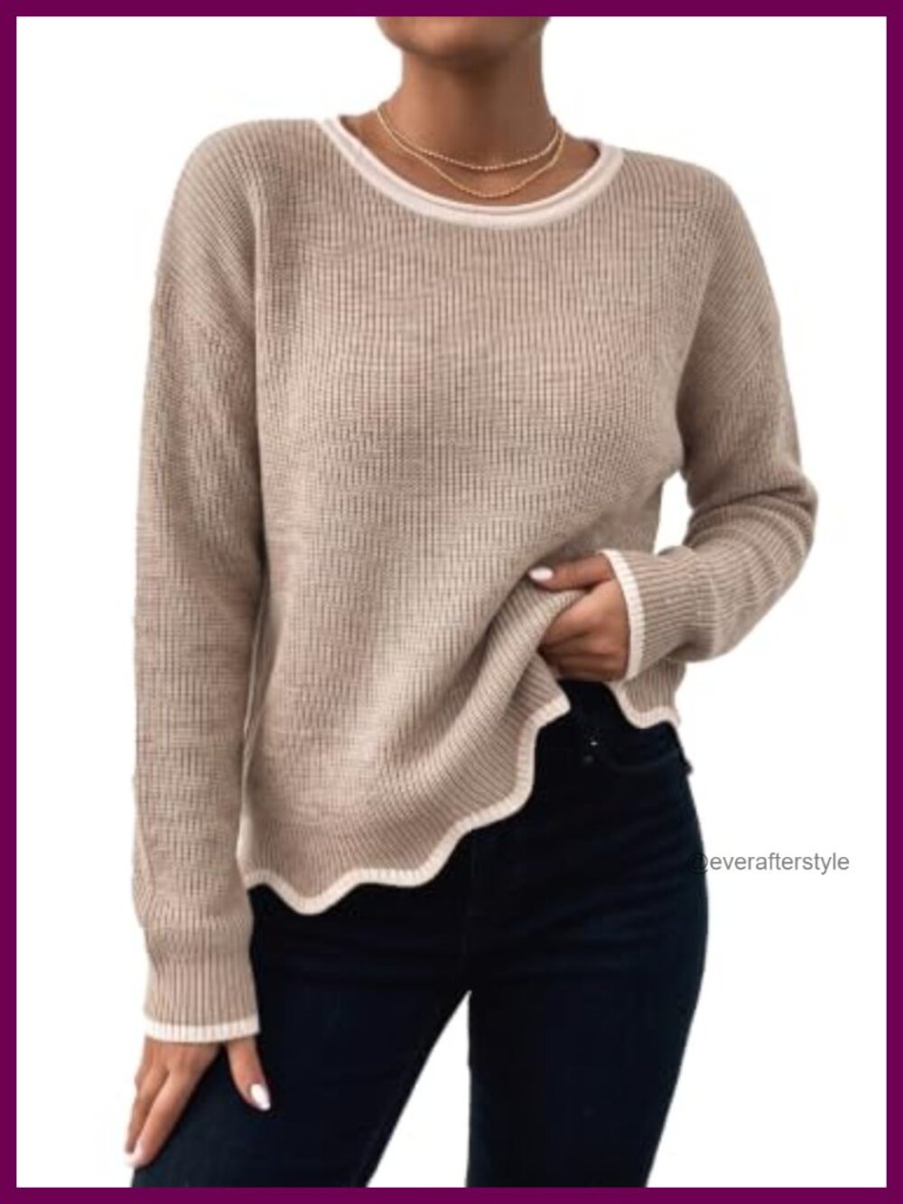 Women's Scalloped Hem Crewneck Sweater Casual Pullover - Picture 4 of 5